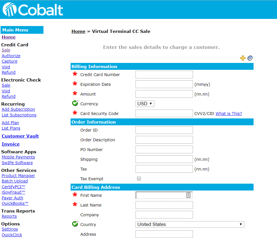 Cobalt Virtual Terminal CC Sale Screenshot